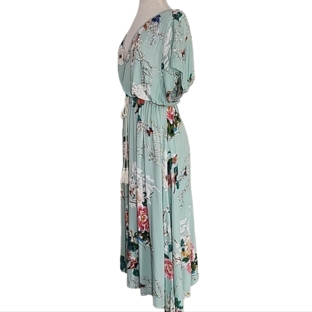 Amzplus Dress Floral Smocked Boho Tassled Tie Front Maxi Green Plus Size 3XL - Picture 10 of 16